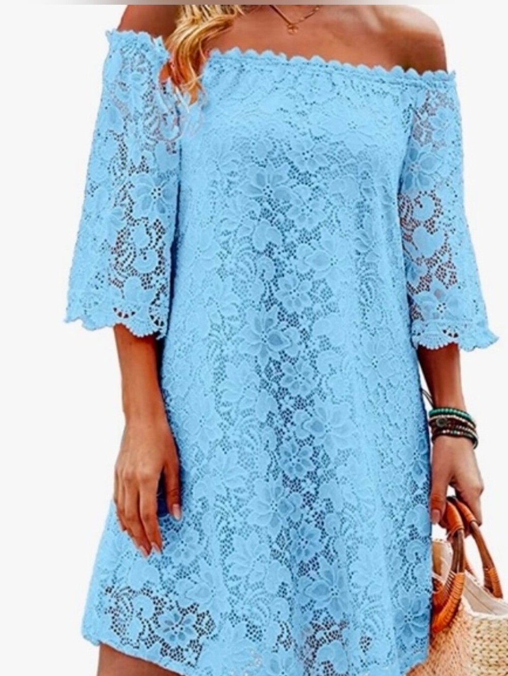 Light Blue Lace Off-Shoulder Dress